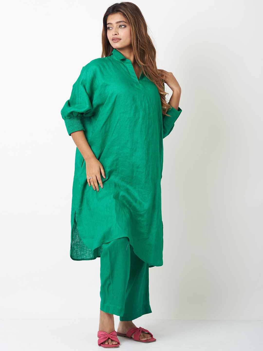 

VASSTRAM Shirt Collar Linen Tunic & Trouser Co-Ords, Green