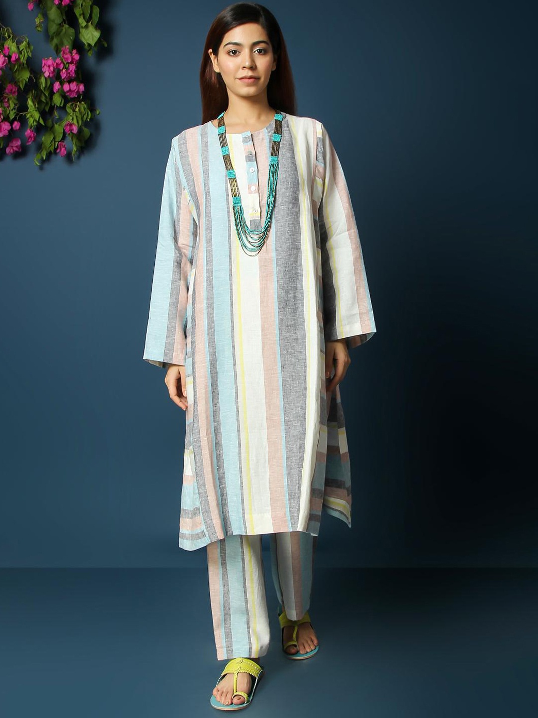 

VASSTRAM Striped Pure Cotton Ethnic Tunic With Trouser, White