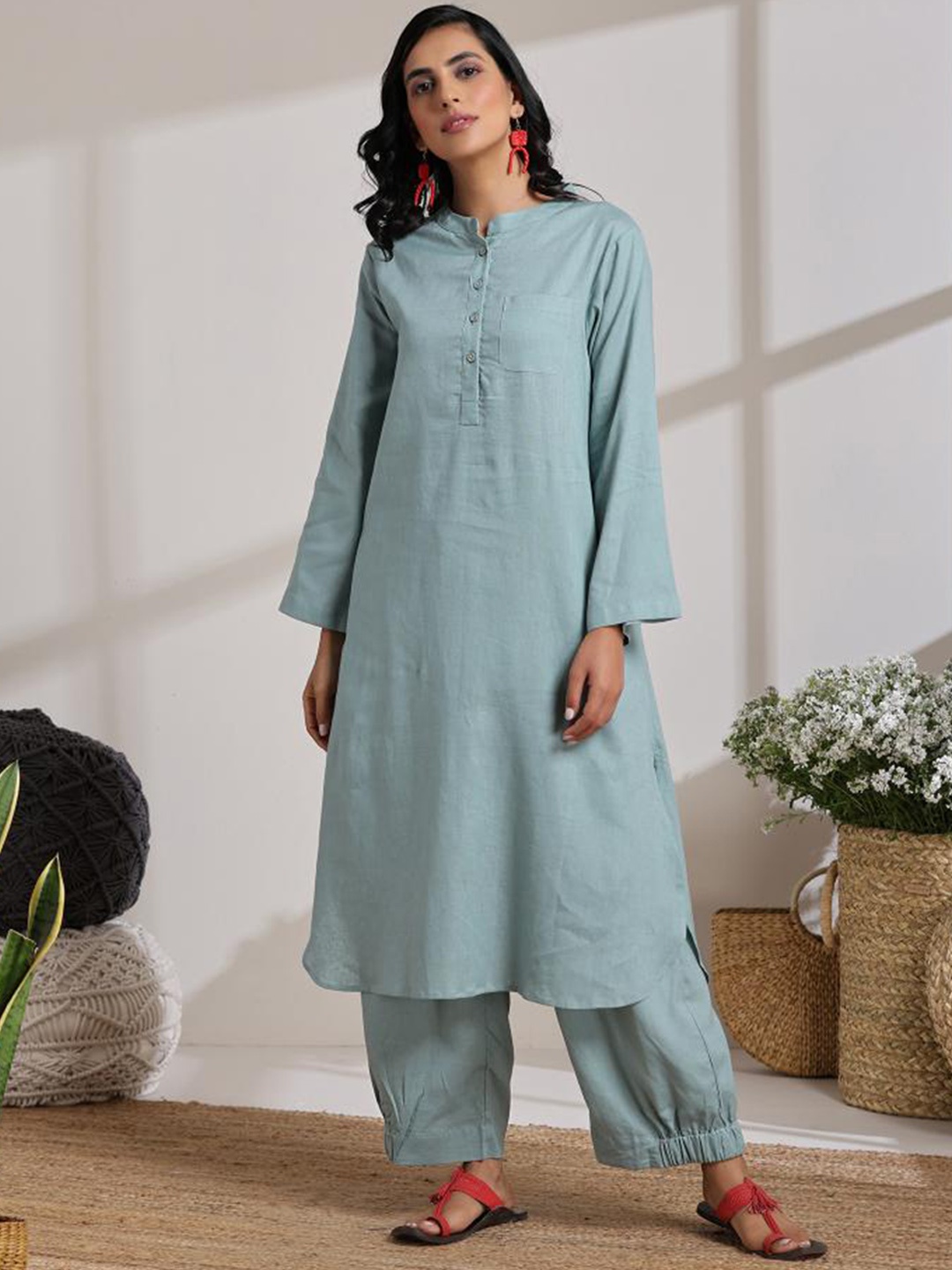 

VASSTRAM Fida Mandarin Collar Pure Cotton Ethnic Tunic & Trousers Co-Ords, Turquoise blue