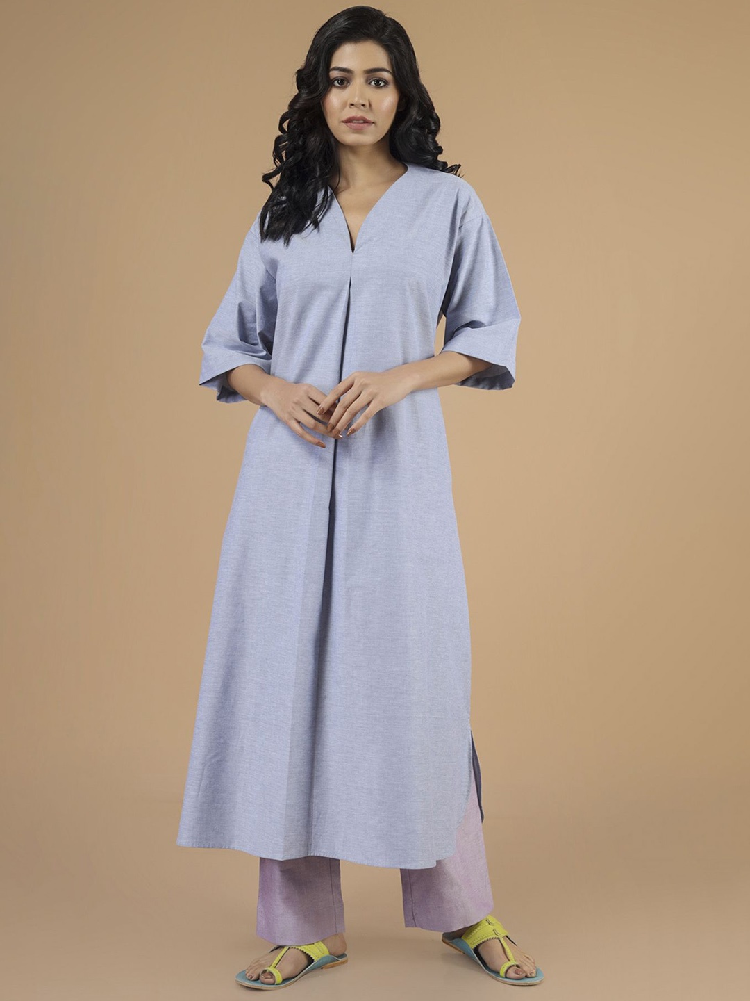 

VASSTRAM V-Neck Tunic & Trousers Pure Cotton Co-Ords, Blue