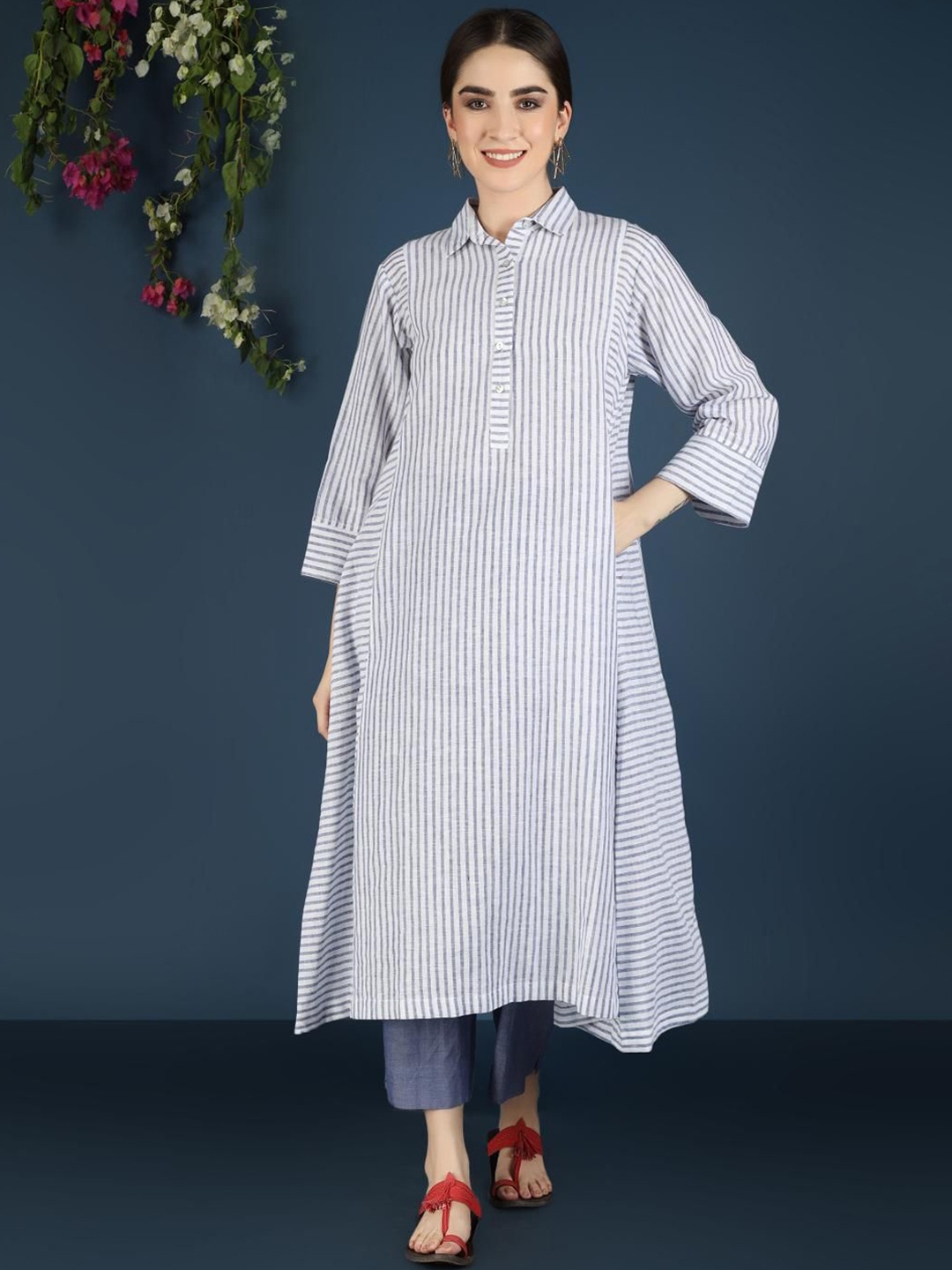 

VASSTRAM Striped Pure Cotton Tunic With Trousers Co-Ords, Blue