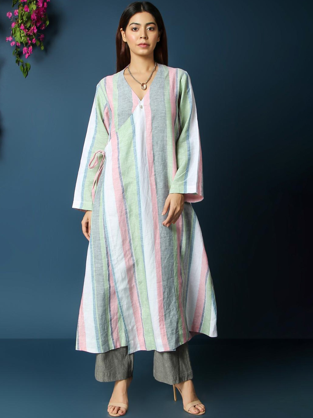 

VASSTRAM Striped Pure Cotton V-Neck Top With Trousers, Pink