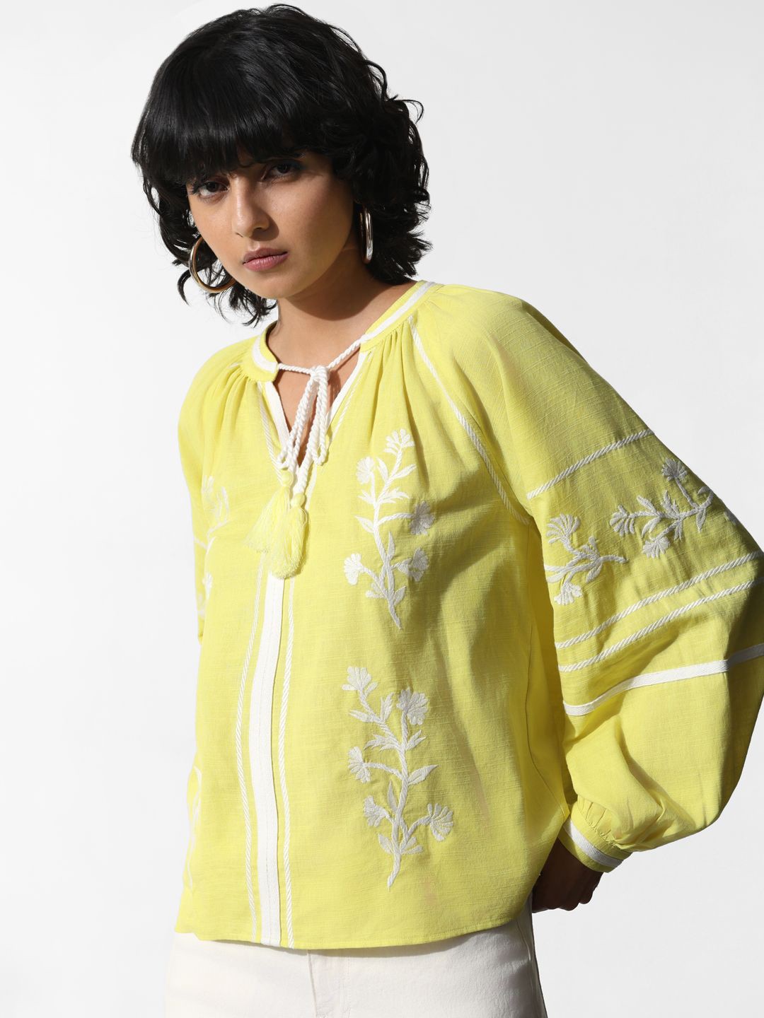 

ONLY ONLDENVER LS Floral Embroidered Tie-Up Neck Pure Cotton Top, Yellow