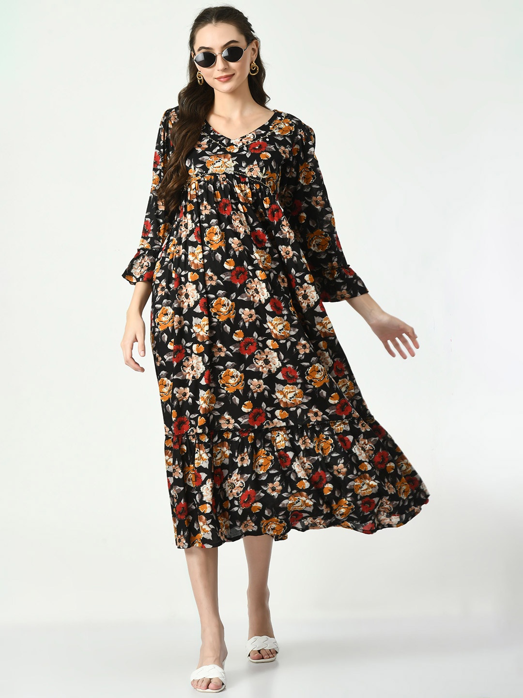 

AnjuShree Choice Printed Flared Ethnic Dress, Black