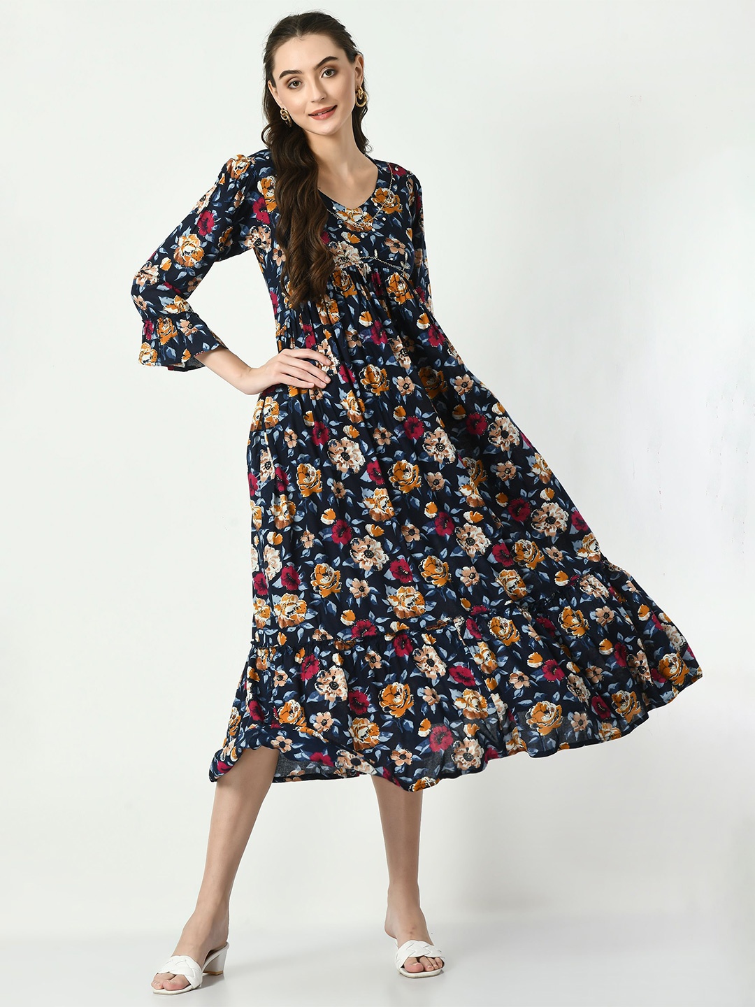 

AnjuShree Choice Floral Printed Fit & Flare Midi Ethnic Dress, Blue