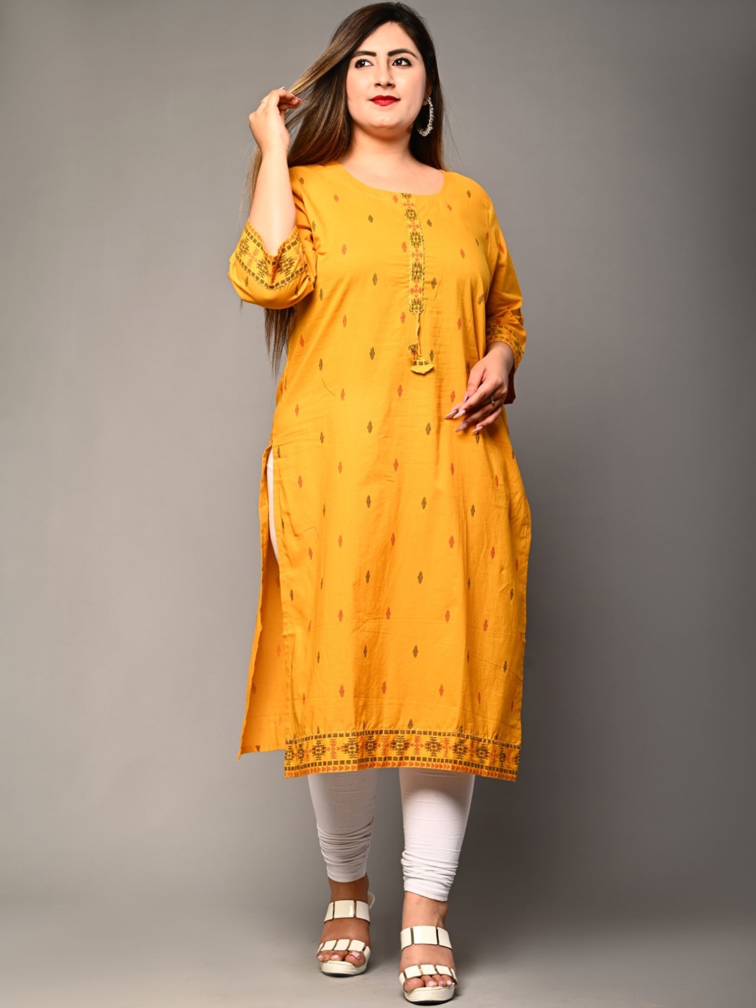 

KALINI Geometric Printed Straight Kurta, Yellow