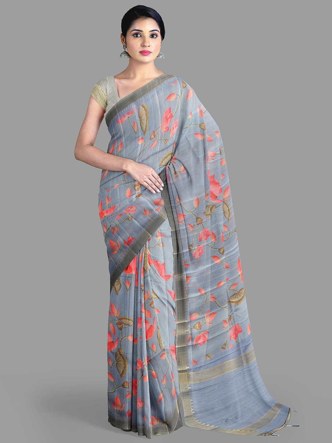 

The Chennai Silks Floral Zari Jute Cotton Banarasi Saree, Grey