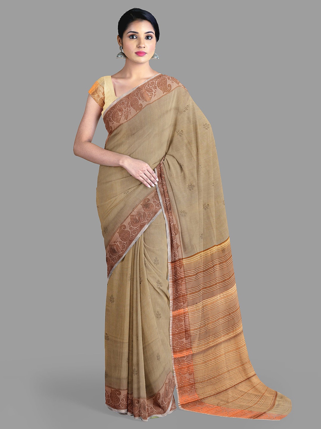 

The Chennai Silks Floral Beads and Stones Jute Cotton Banarasi Saree, Beige