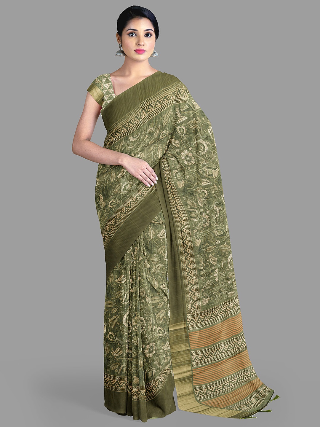 

The Chennai Silks Floral Jute Cotton Banarasi Saree, Green
