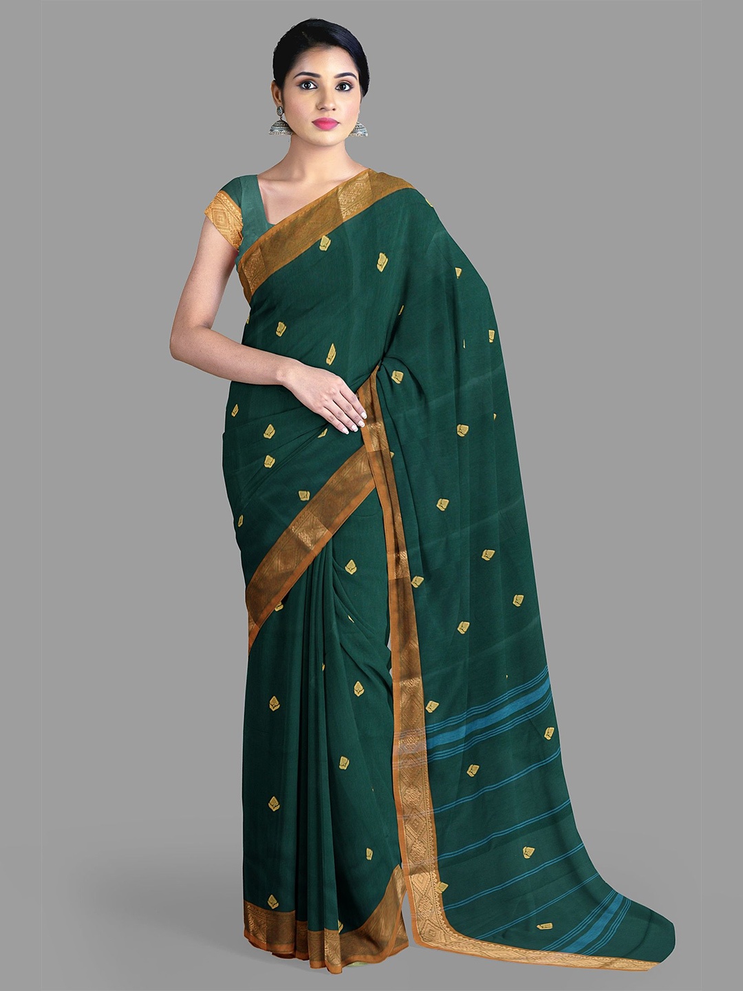 

The Chennai Silks Floral Zari Pure Cotton Chettinad Saree, Green