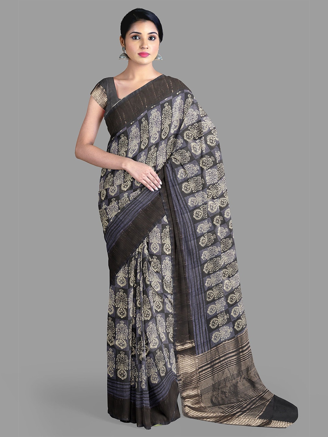 

The Chennai Silks Ajrak Block Zari Chanderi Saree, Grey