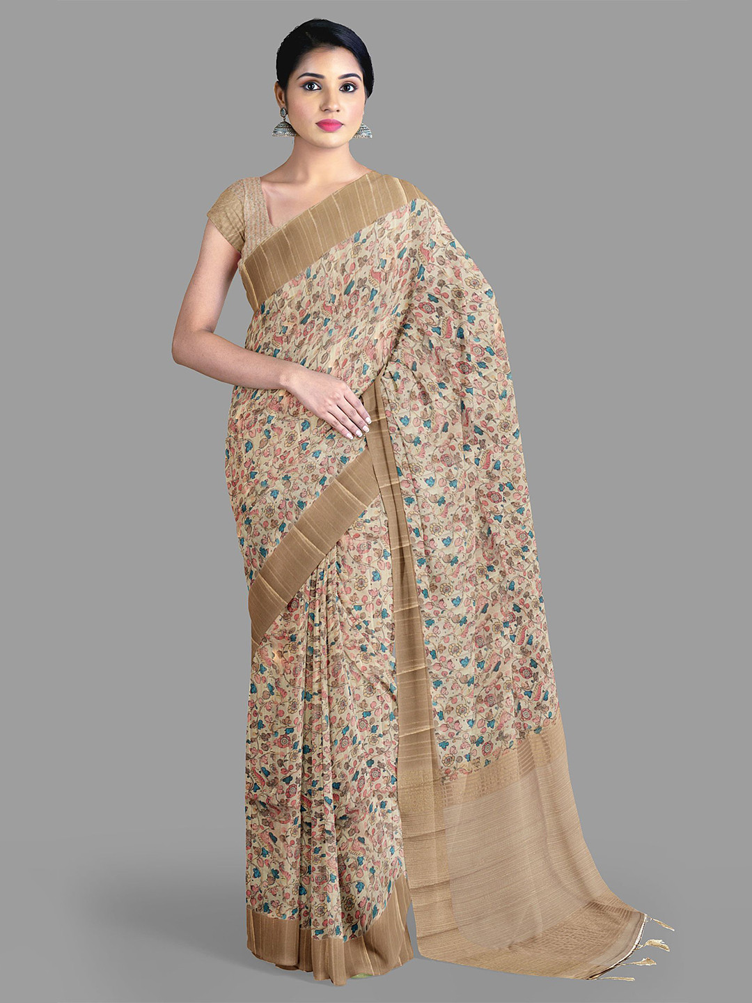 

The Chennai Silks Floral Jute Cotton Saree, Beige