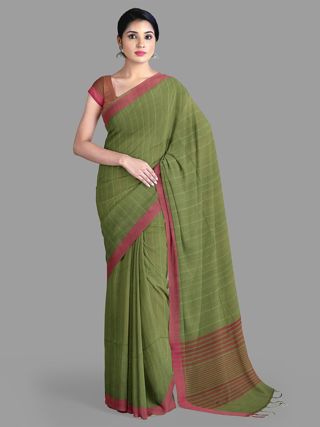 

The Chennai Silks Striped Pure Cotton Saree, Green