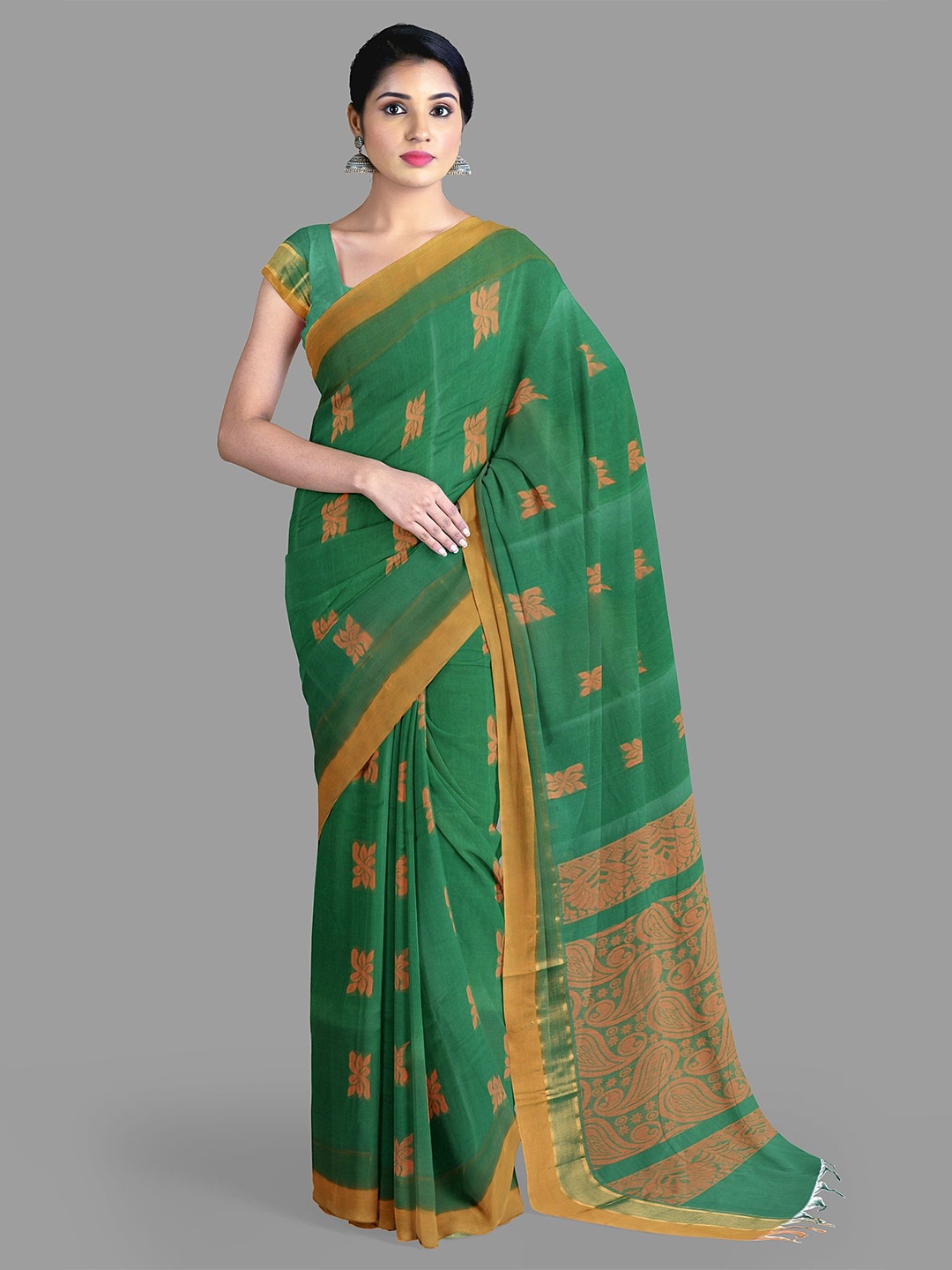 

The Chennai Silks Ethnic Motifs Zari Pure Cotton Kanjeevaram Saree, Green