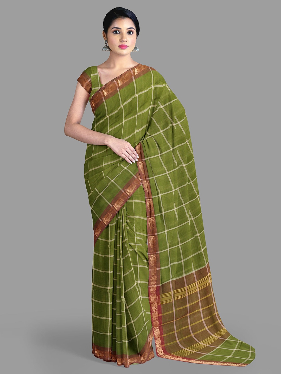 

The Chennai Silks Checked Zari Pure Cotton Chettinad Saree, Green
