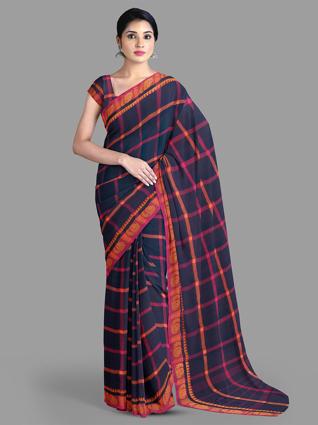 

The Chennai Silks Checked Pure Cotton Chettinad Saree, Navy blue