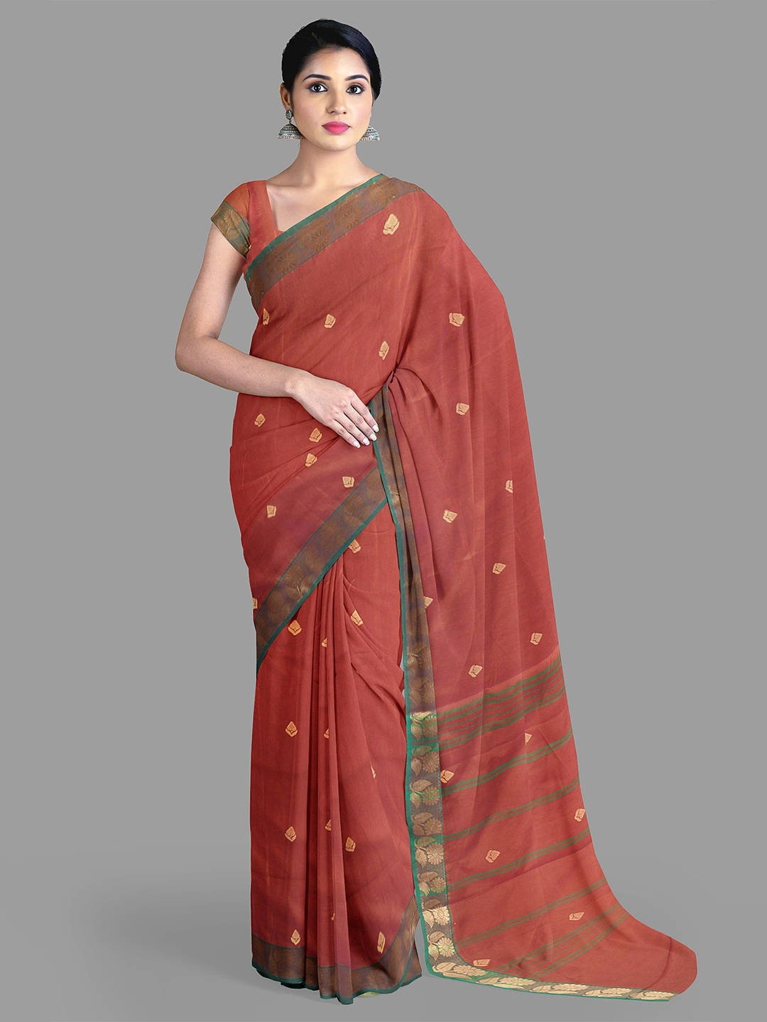 

The Chennai Silks Floral Zari Pure Cotton Chettinad Saree, Coral