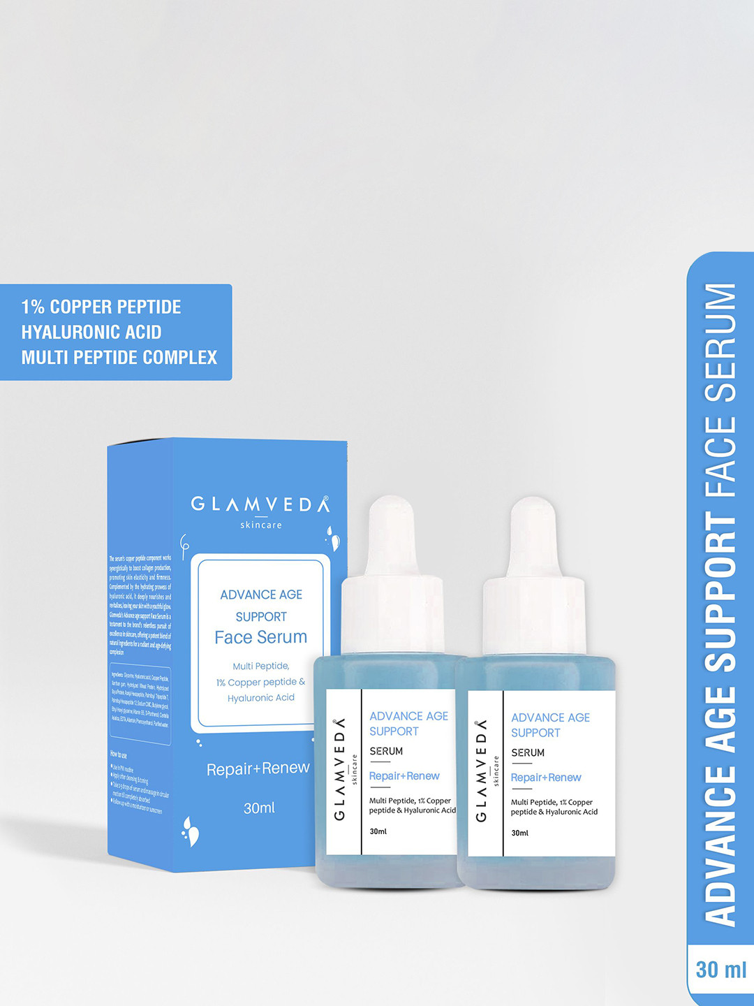 

GLAMVEDA Set of 2 1% Copper peptide + Hyaluronic Acid Anti Aging Serum - 30ml Each, White