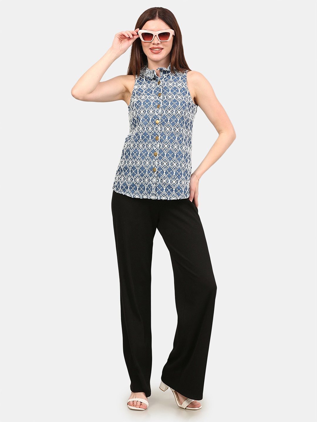 

SUMAVI-FASHION Geometric Printed Organic Cotton Denim Shirt Style Top, Blue