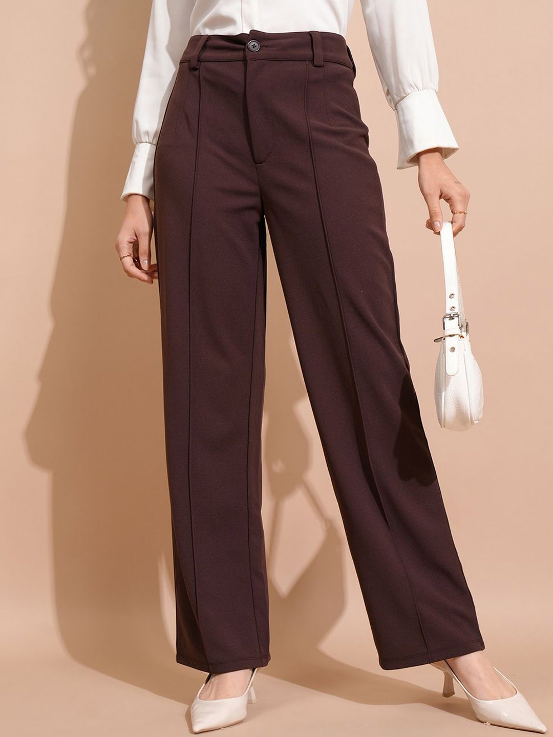 

CHIC BY TOKYO TALKIES Brown Women Straight Fit Mid-Rise Pleated Parallel Trousers