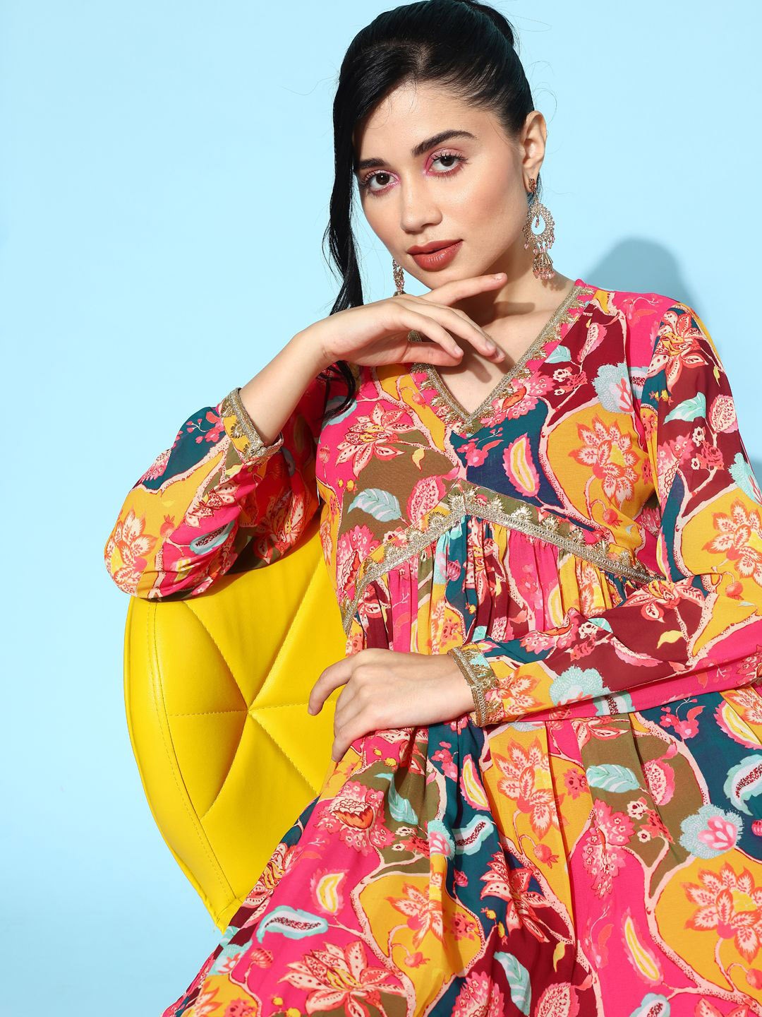 

Sangria Pink Printed & Embroidered A-Line Kurta With Trouser Set