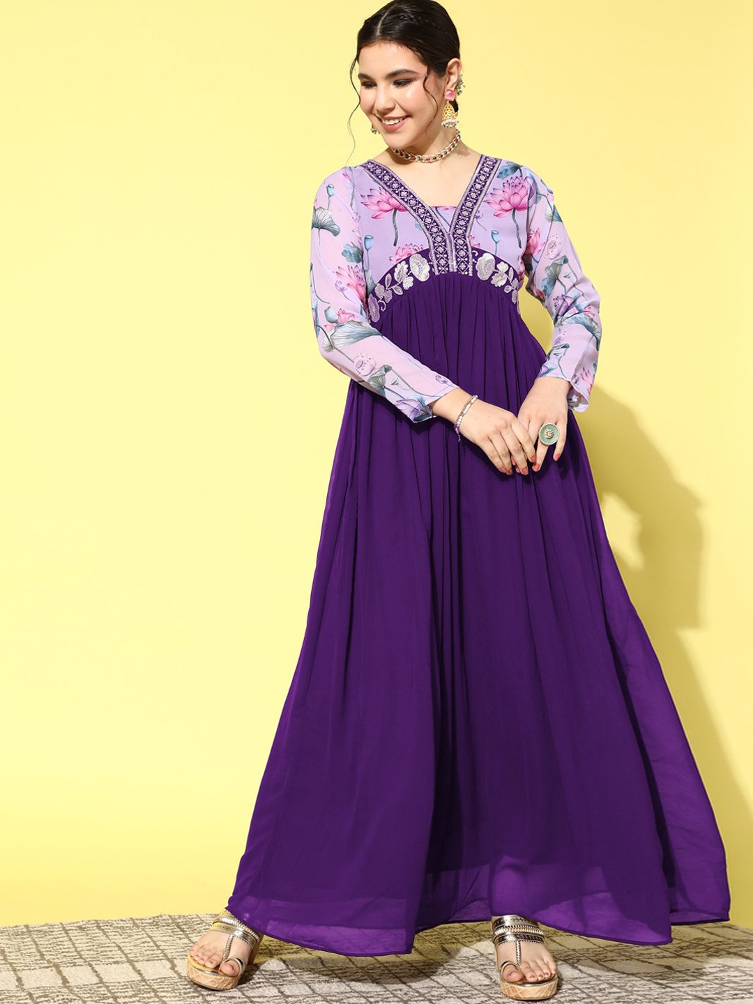 

Sangria Floral Printed Zari Sequence Embroidered Alia Cut Ethnic Dress, Purple