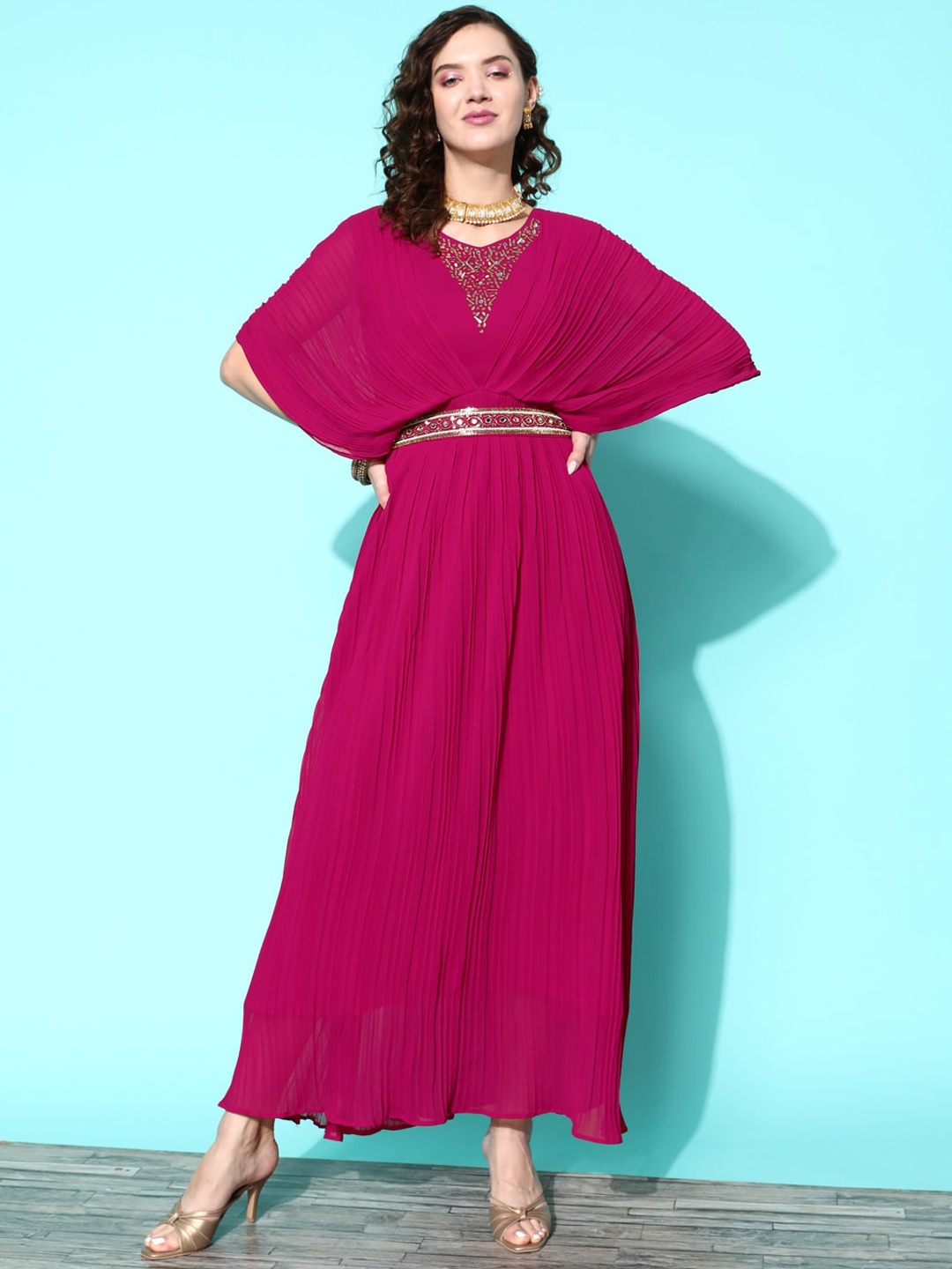 

Sangria Mirror Work Embellished Maxi Ethnic Dress, Pink