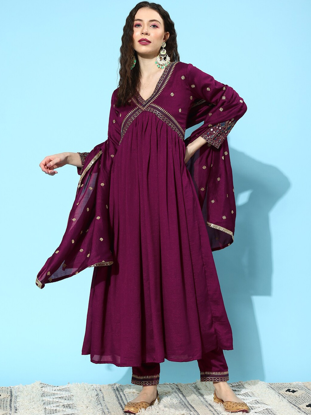 

Sangria Floral Embroidered V-Neck Sequinned A-Line Alia Cut Kurta With Trousers & Dupatta, Magenta