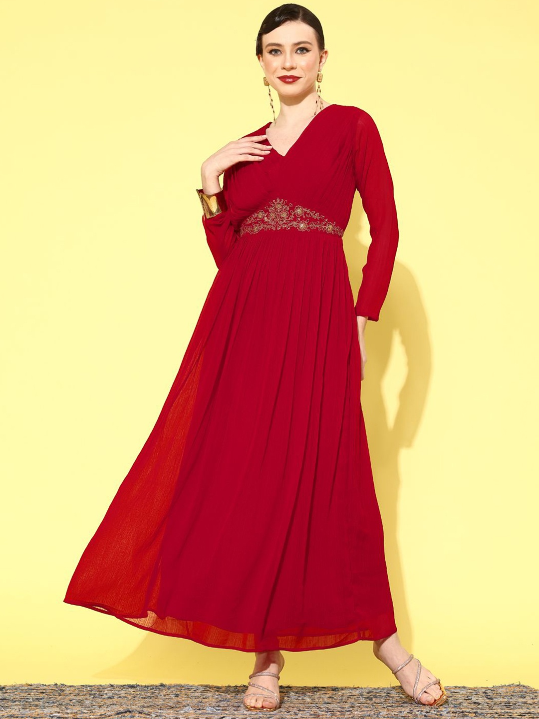 

Sangria Zari Sequence Embroidered Pleated A-Line Ethnic Dress, Red