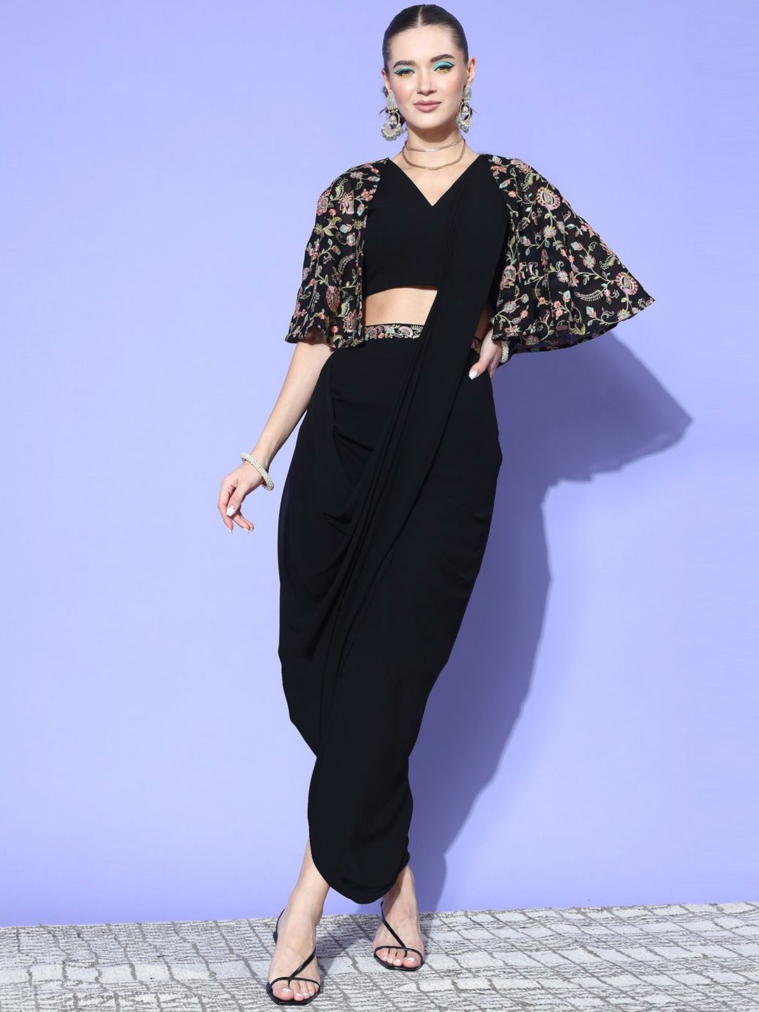 

Sangria Embroidered V-Neck Georgette Top With Skirt & Jacket, Black