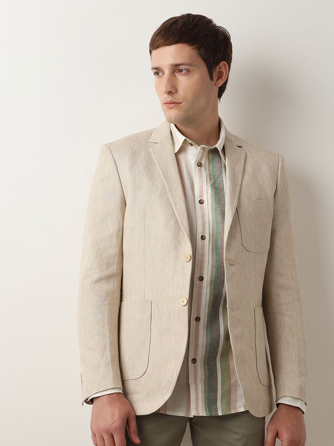 

SELECTED Vertical Striped Cotton Linen Casual Shirt, Beige