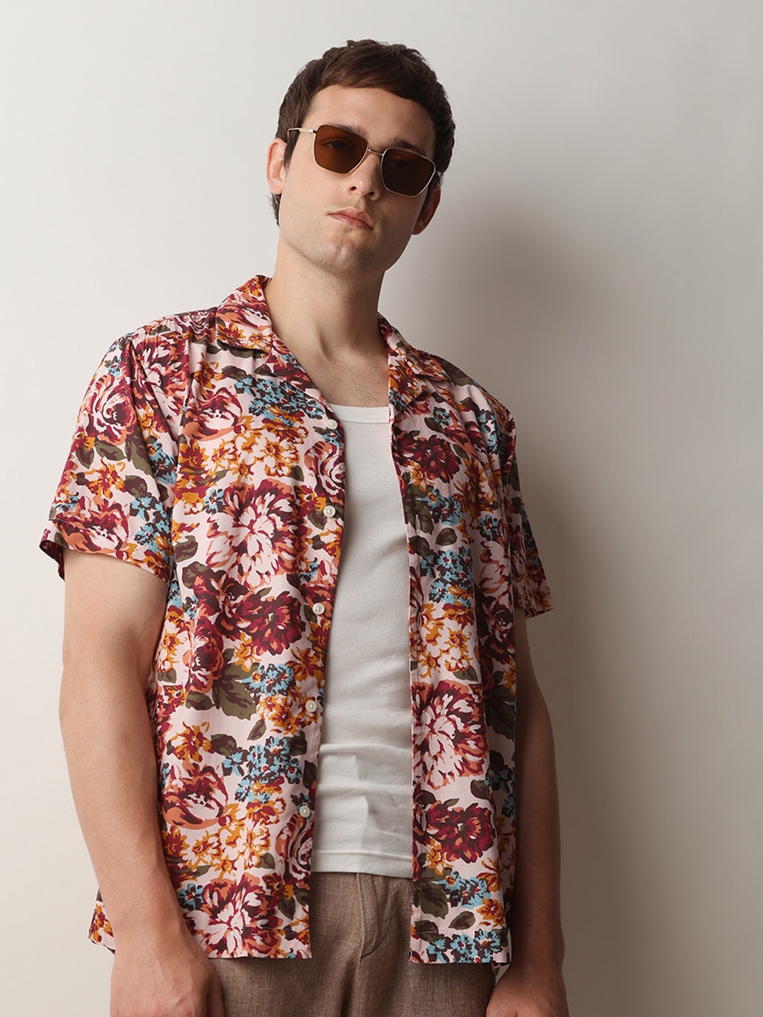 

SELECTED Floral Printed Cuban Collar Casual Shirt, Red