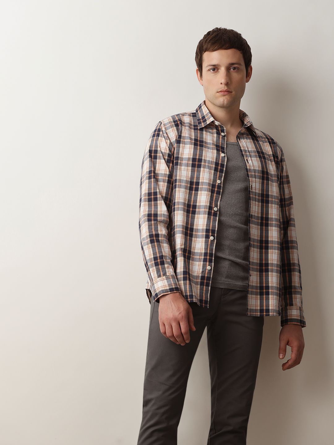 

SELECTED Tartan Checked Cotton Casual Shirt, Cream