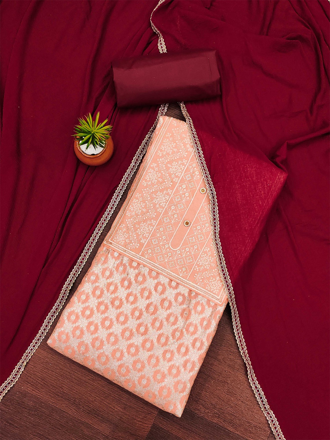 

Ishin Geometric Woven Design Unstitched Dress Material, Peach