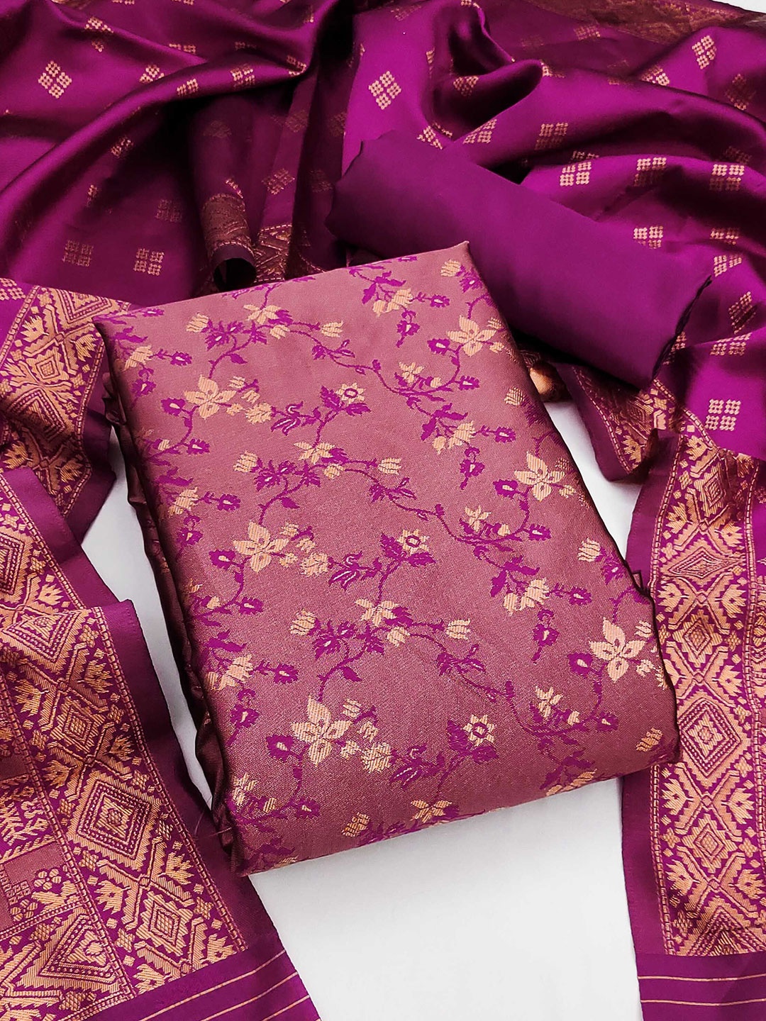 

Ishin Floral Woven Design Unstitched Dress Material, Pink