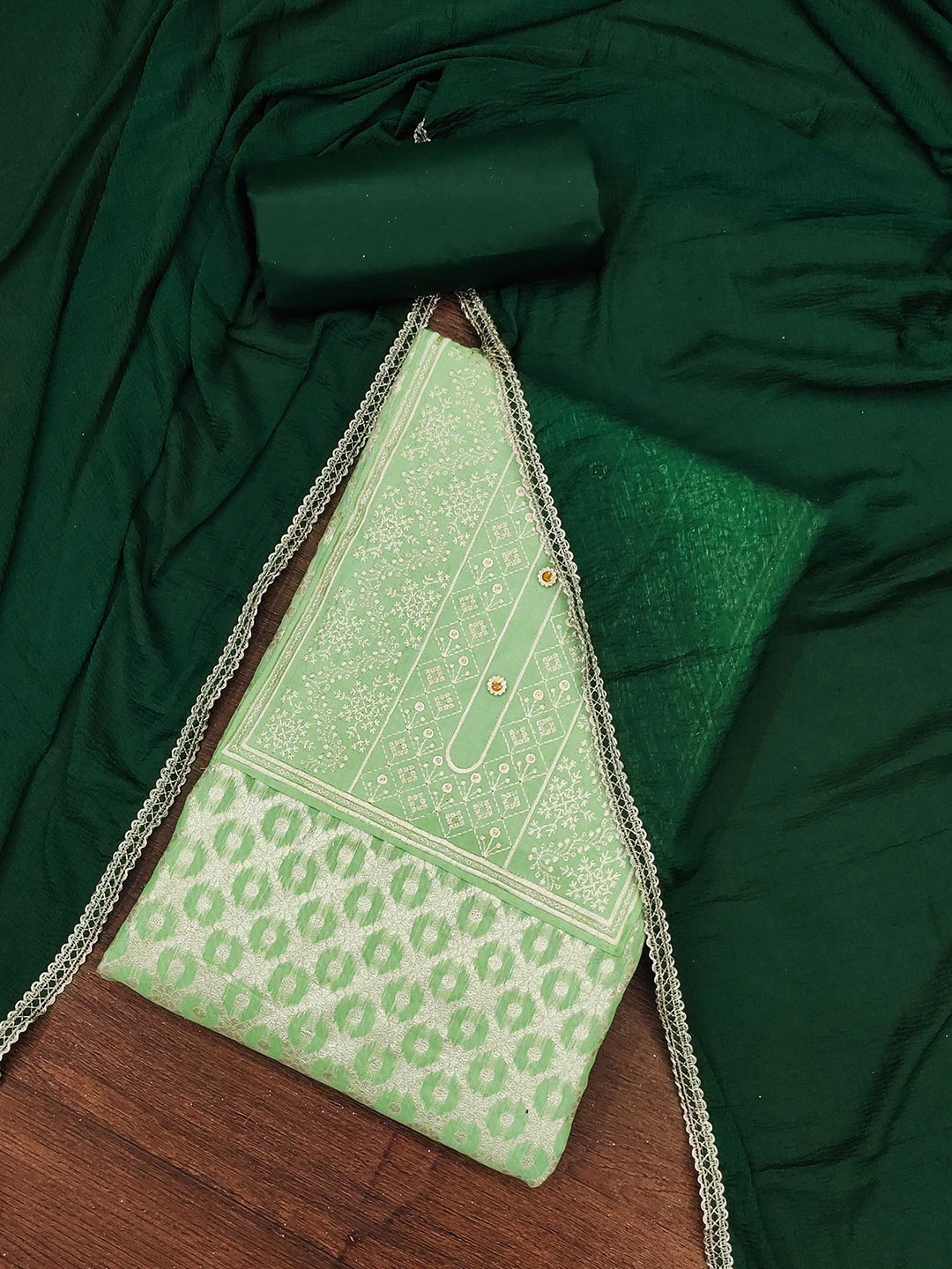 Ishin Unstitched Ethnic Motifs Woven Design Zari Dress Material, Green