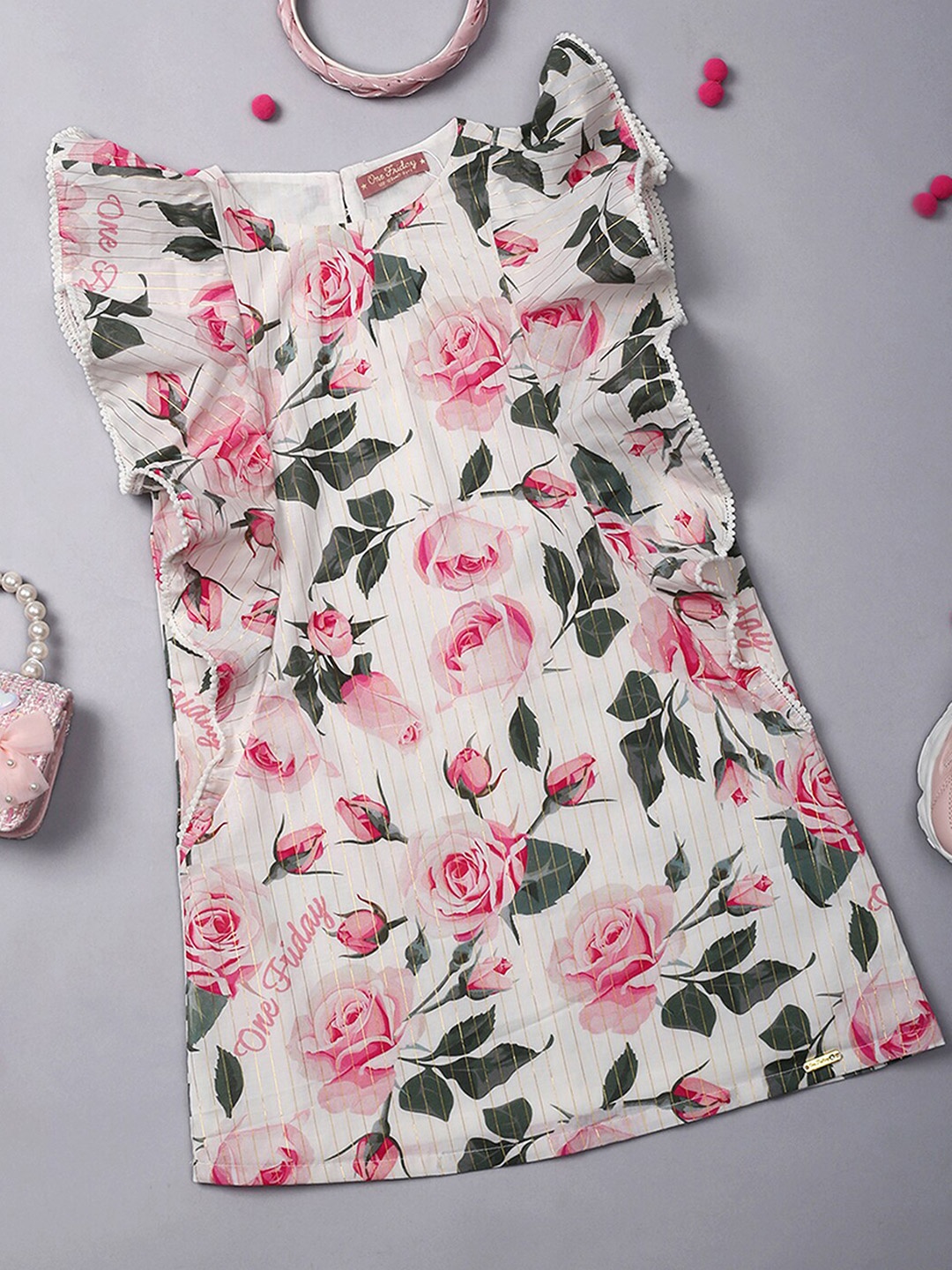 

One Friday Girls Floral Printed Flutter Sleeve Cotton A-Line Dress, White