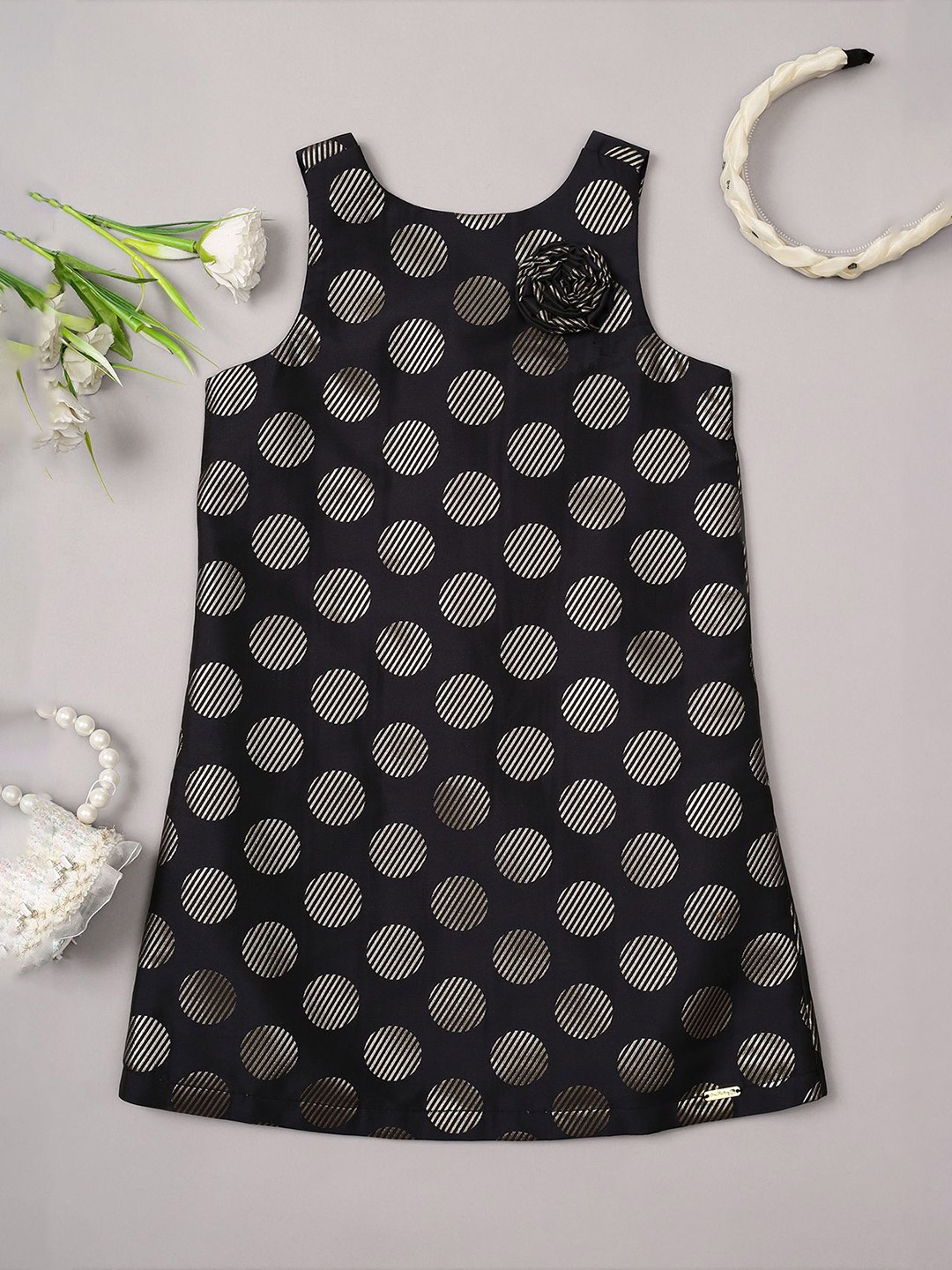 

One Friday Girls Polka Dot Printed A-Line Dress, Navy blue