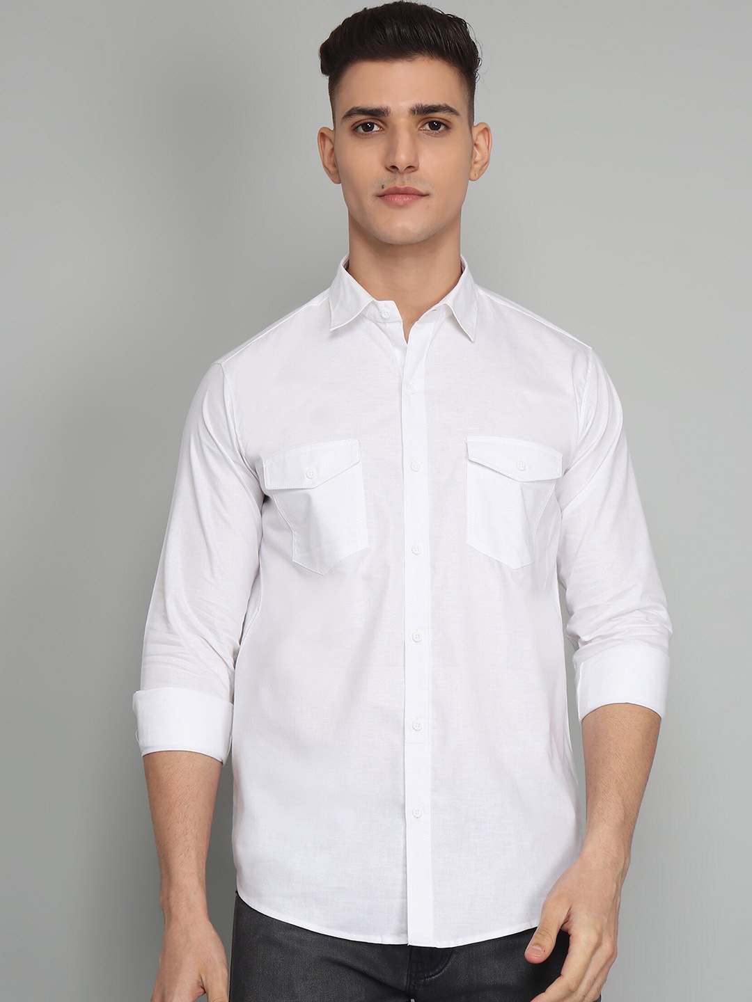 

TRYBUY.IN Original Spread Collar Long Sleeves Cotton Linen Casual Shirt, White