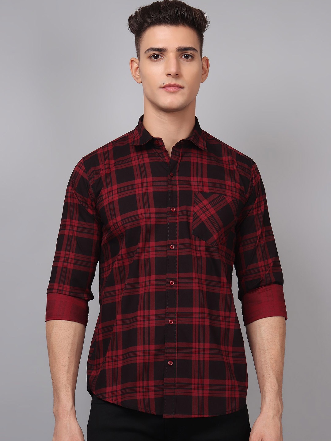 

TRYBUY.IN Original Tartan Checks Spread Collar Cotton Casual Shirt, Maroon