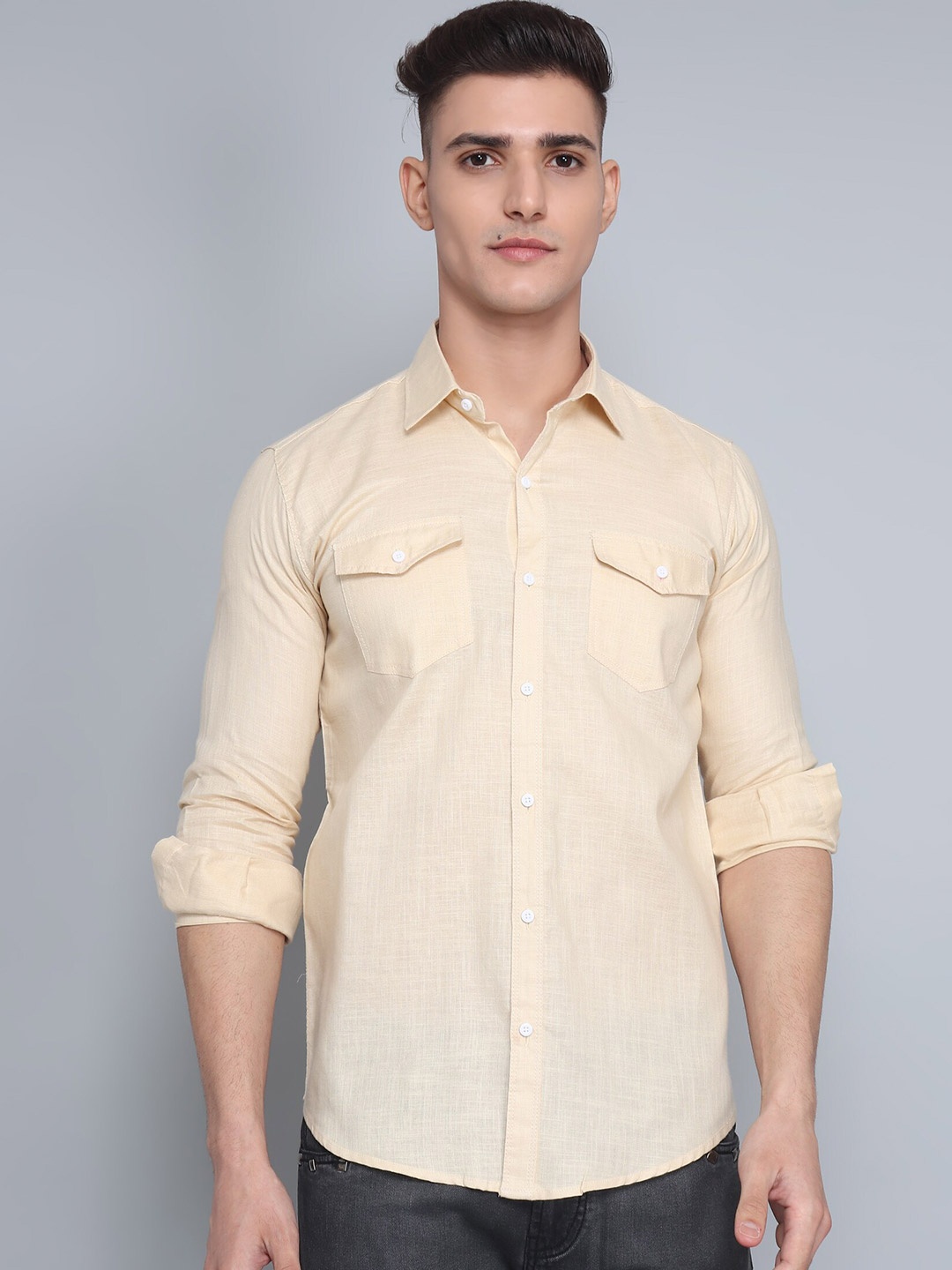 

TRYBUY.IN Spread Collar Original Cotton Linen Casual Shirt, Cream