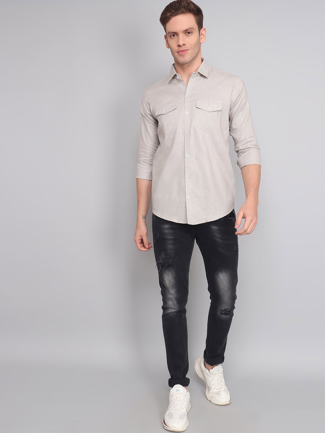 

TRYBUY.IN Spread Collar Original Cotton Linen Casual Shirt, Grey