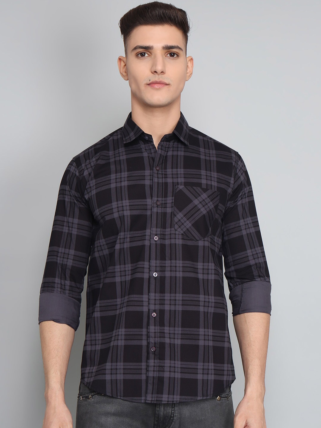 

TRYBUY.IN Original Tartan Checks Checked Spread Collar Cotton Casual Shirt, Grey