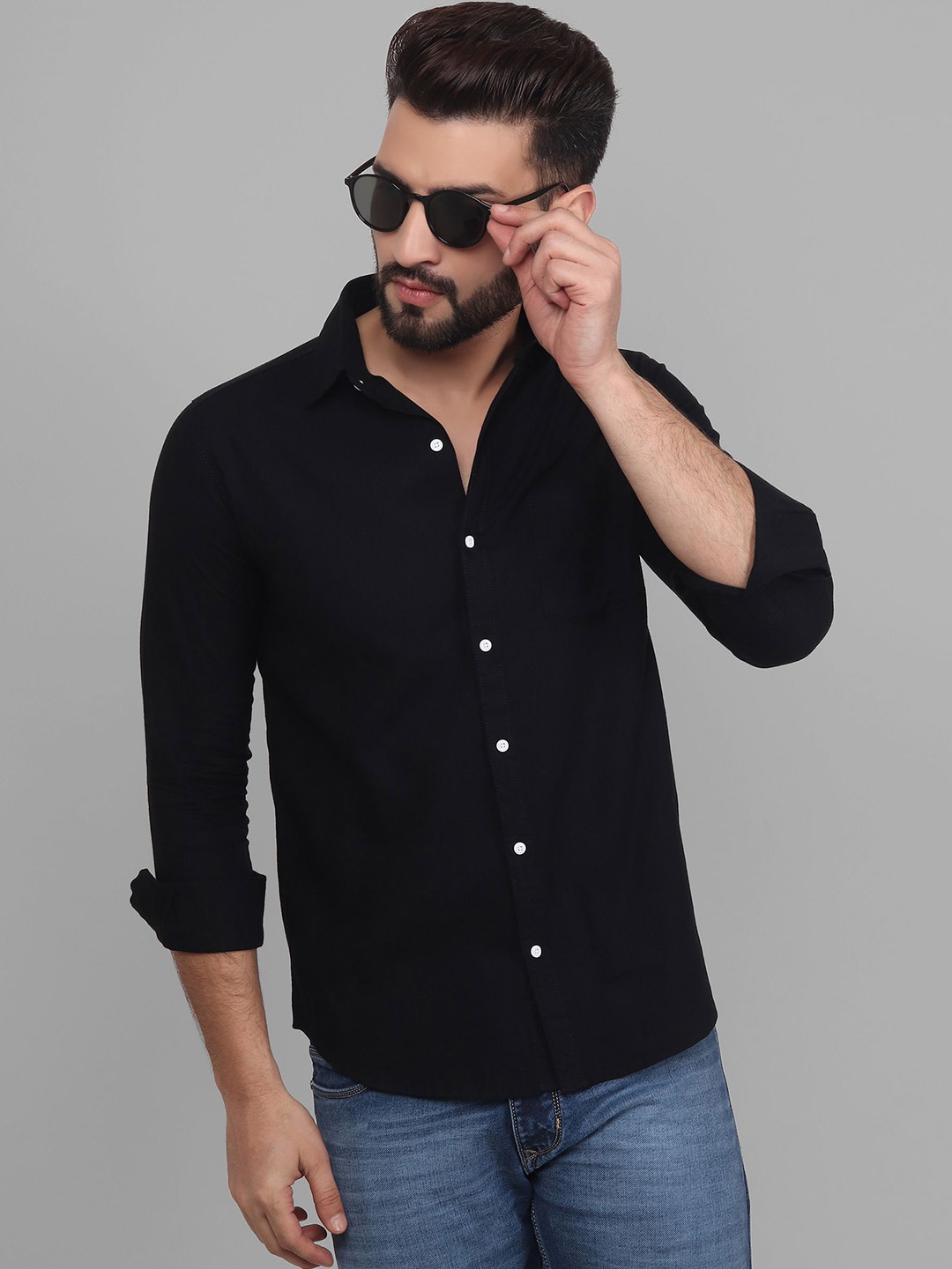 

TRYBUY.IN Original Spread Collar Long Sleeves Cotton Linen Casual Shirt, Black