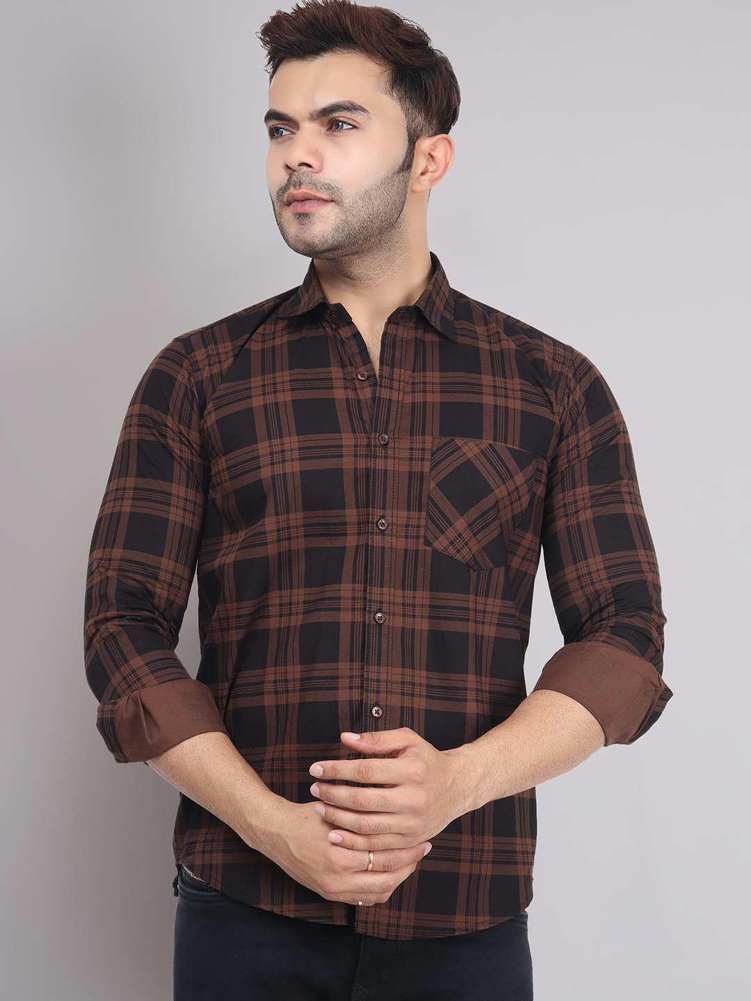 

TRYBUY.IN Tartan Checked Cotton Casual Shirt, Brown