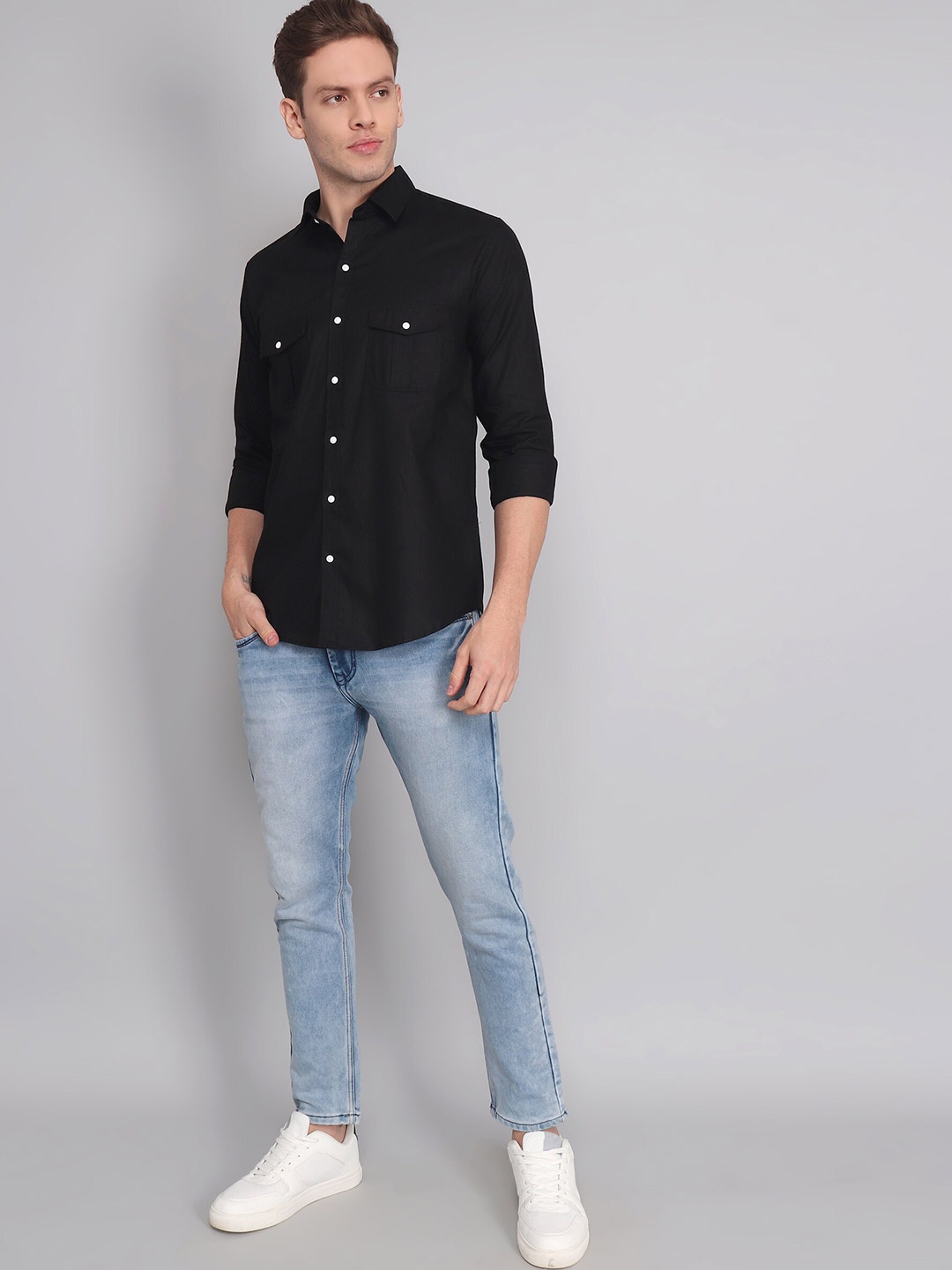 

TRYBUY.IN Spread Collar Original Cotton Linen Casual Shirt, Black