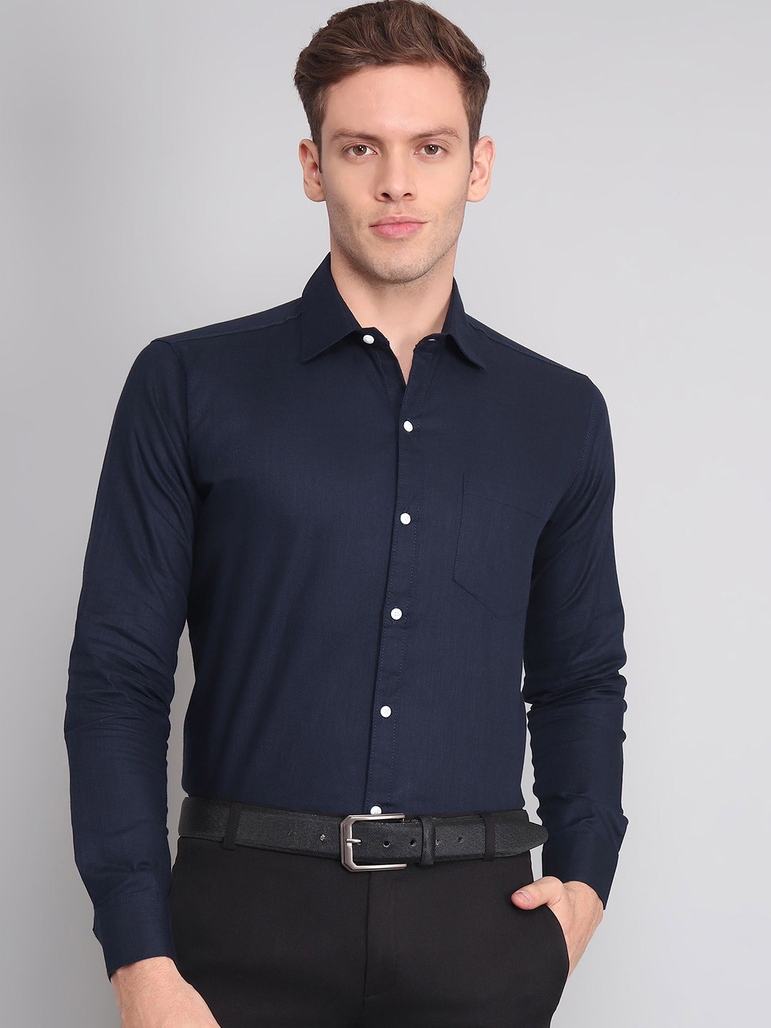 

TRYBUY.IN Original Cotton Linen Spread Collar Casual Shirt, Navy blue