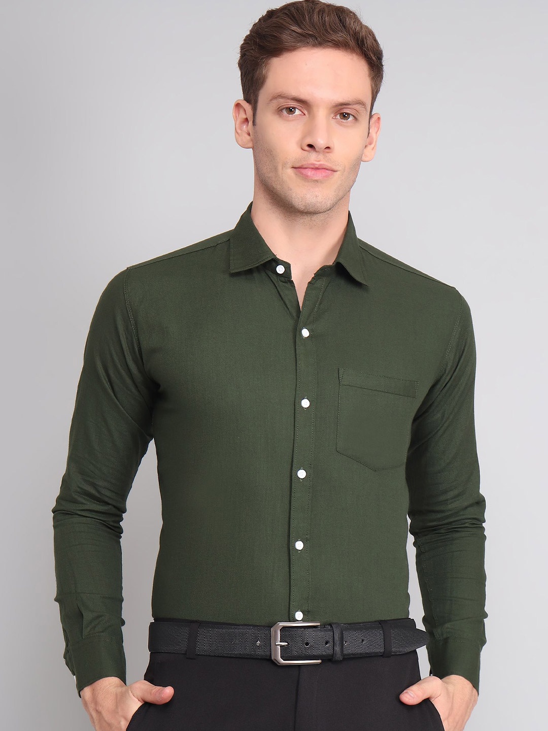 

TRYBUY.IN Original Cotton Linen Spread Collar Casual Shirt, Green