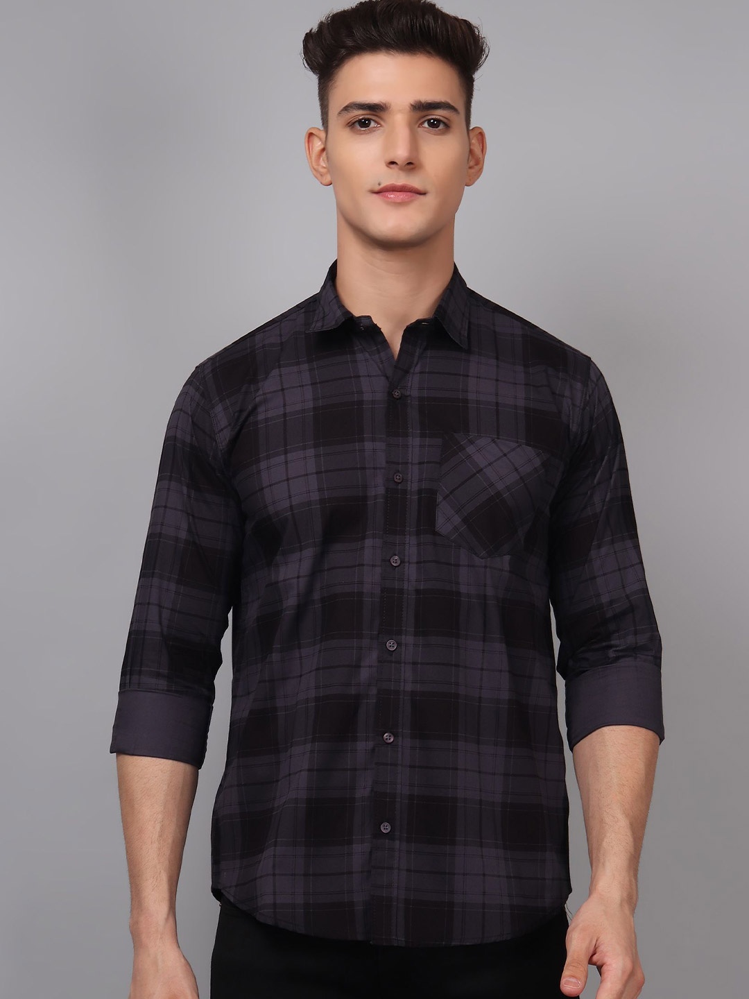 

TRYBUY.IN Original Tartan Checks Spread Collar Cotton Casual Shirt, Grey