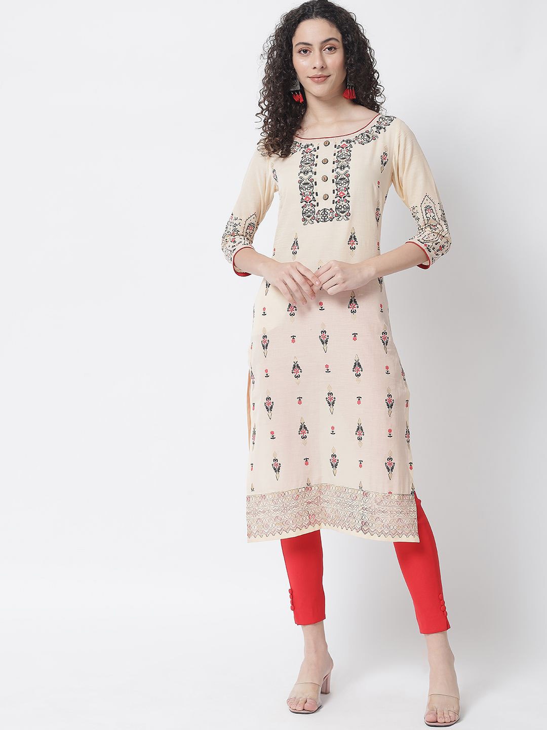 

Tulsattva Ethnic Motifs Printed Regular Sleeves Straight Kurta, Beige